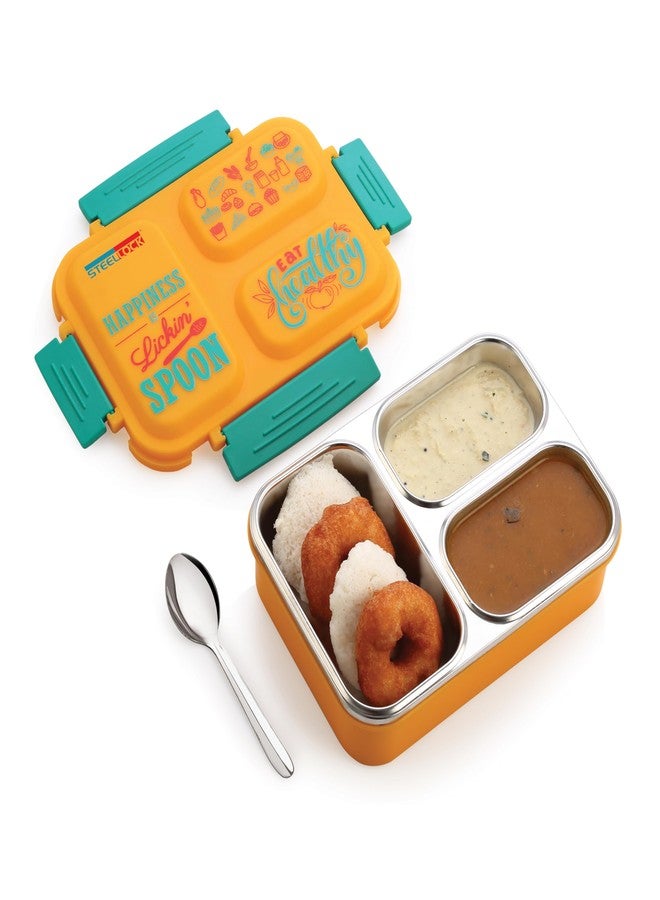 STEELLOCK SmartMeal 3 Compartment Stainless Steel Insulated Lunch Box for Kids & Adults with Spoon | Leak-Proof Tiffin with Silicone Gasket Lid | Bento Box for School, Boys, Girls & Office 600 ML - Yellow - Image 1
